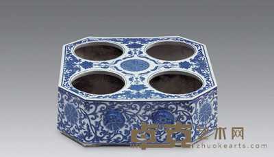 清嘉庆 青花福寿缠枝莲纹方形四孔温酒器 高13cm；宽38×38cm